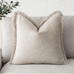 Beige Tan Decorative Linen Fringe Throw Pillow Covers Cozy Boho 26x26 1PC